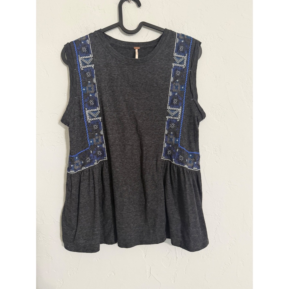 Free People Gray Embroidered Peplum Sleeveless Top Size S Boho Tank